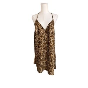 Victoria's Secret Leopard Print Satin Slip Dress XL Cross Back Chemise Brown
